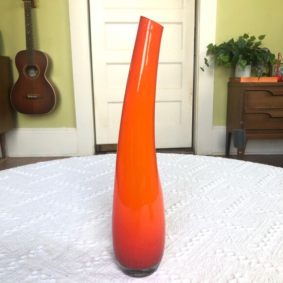Vintage MCM Empoli-Style Orange Cased Glass Bud Vase 13" Slant Rim MCM Decor - Picture 1 of 9